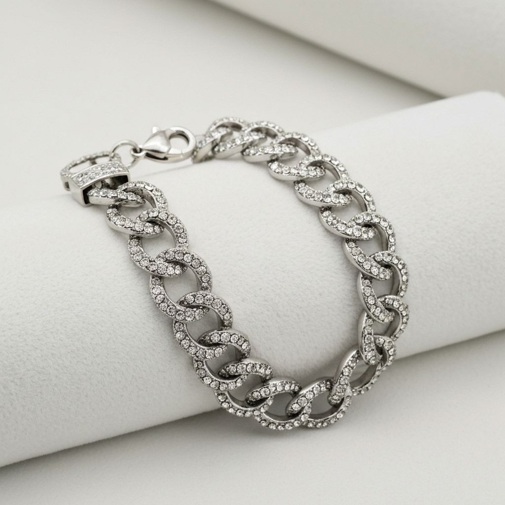 Bracelete Prata Corrente Pavimentada E Fecho Mosquetão